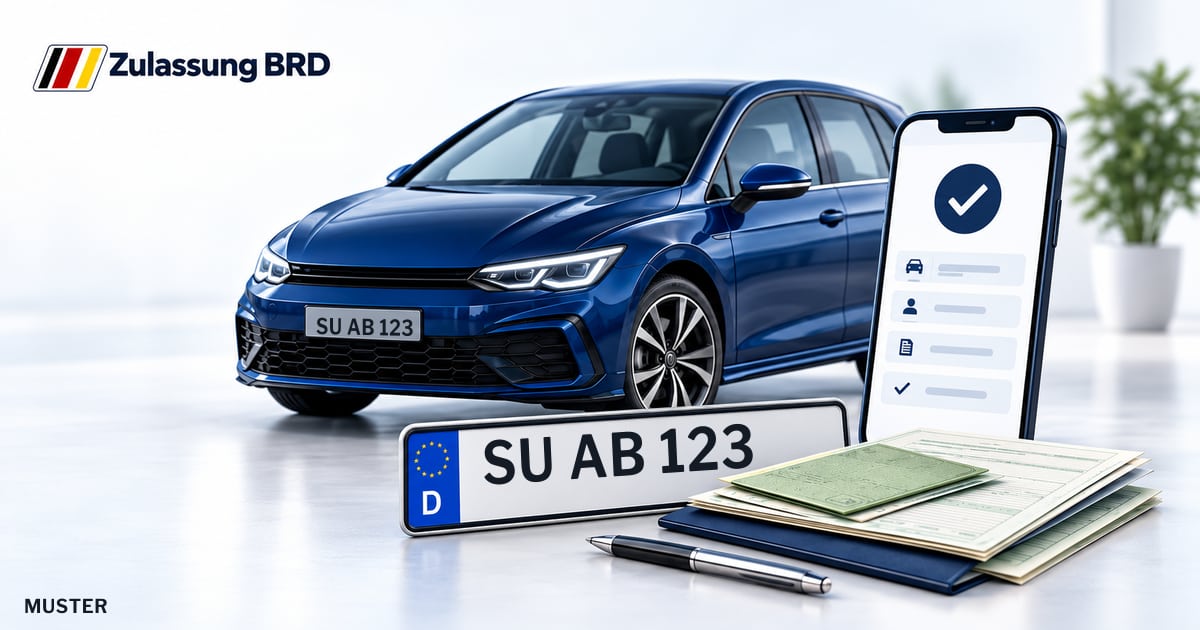 Online Fahrzeugzulassung in Alfter: Musterkennzeichen SU AB 123, Auto und Fahrzeugpapiere und Smartphone. Illustration mit Logo von Zulassung BRD.